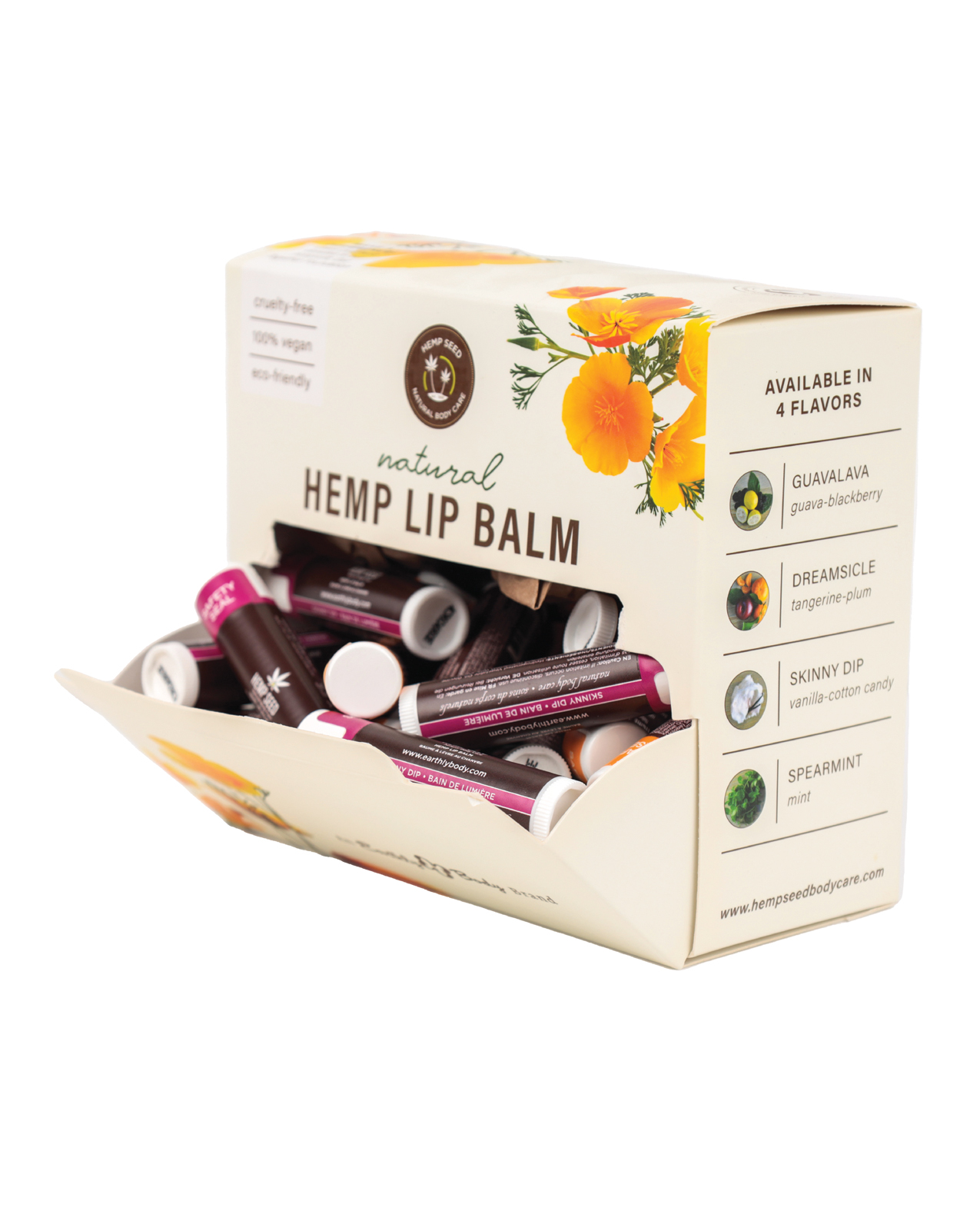 Earthly Body Hemp Seed Lip Balm Stick Display - Box of 48 Asst. Scents - Image 3