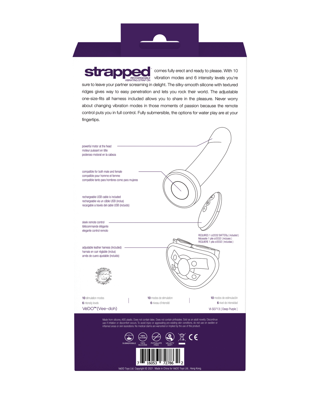 VeDO Strapped Rechargeable Vibrating Strap On - Deep Purple - Image 4